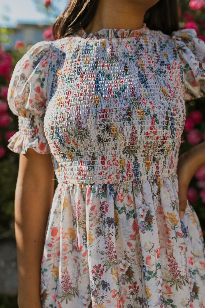 Cordelia dames midi-jurk met bloemenprint & smock bustier | Luchtig, vrouwelijk & geschikt voor zwangerschap