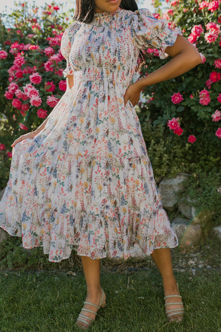 Cordelia dames midi-jurk met bloemenprint & smock bustier | Luchtig, vrouwelijk & geschikt voor zwangerschap