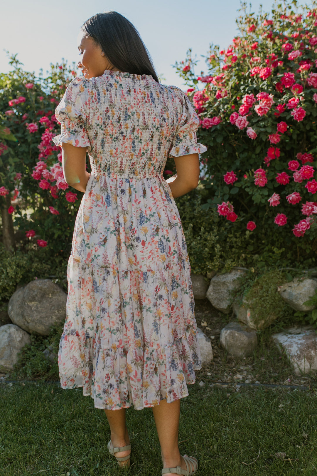 Cordelia dames midi-jurk met bloemenprint & smock bustier | Luchtig, vrouwelijk & geschikt voor zwangerschap