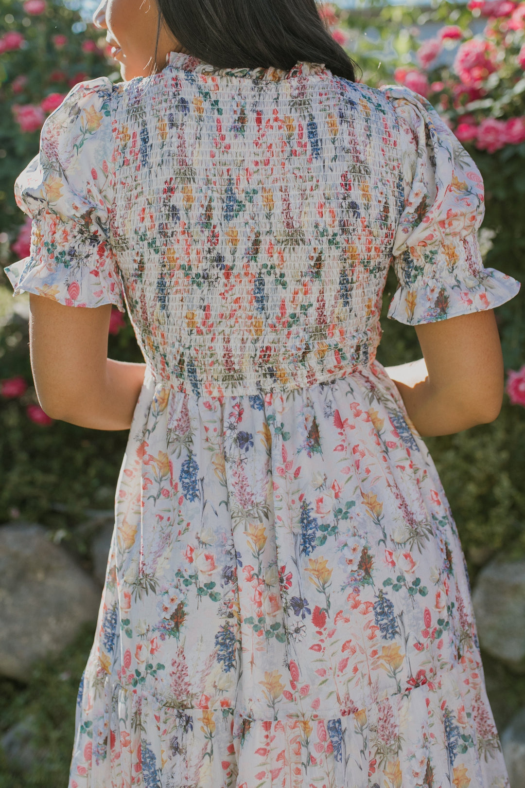 Cordelia dames midi-jurk met bloemenprint & smock bustier | Luchtig, vrouwelijk & geschikt voor zwangerschap