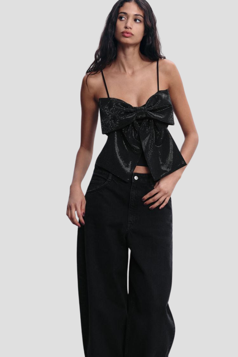 Loulou dames glitter top met strik | Zwarte pailletten top voor feesten & speciale gelegenheden