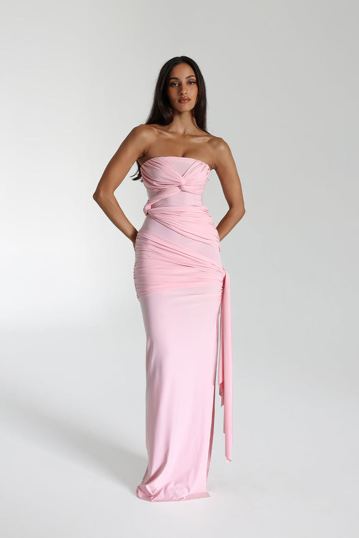 Serena maxi jurk voor dames Strapless avondjurk met strik & split in Cavalli stretch
