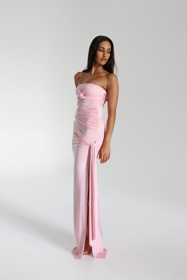 Serena maxi jurk voor dames Strapless avondjurk met strik & split in Cavalli stretch