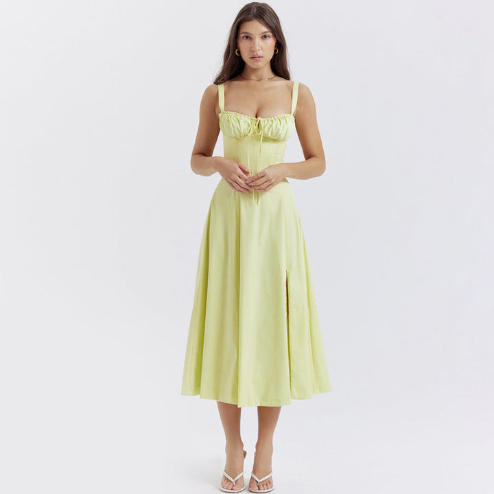 Elegante Midi-Jurk met Korset en Hoge Split voor Vrouwelijk Raffinement