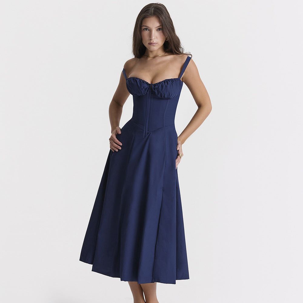 Elegante Midi-Jurk met Korset en Hoge Split voor Vrouwelijk Raffinement
