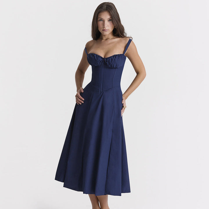 Elegante Midi-Jurk met Korset en Hoge Split voor Vrouwelijk Raffinement