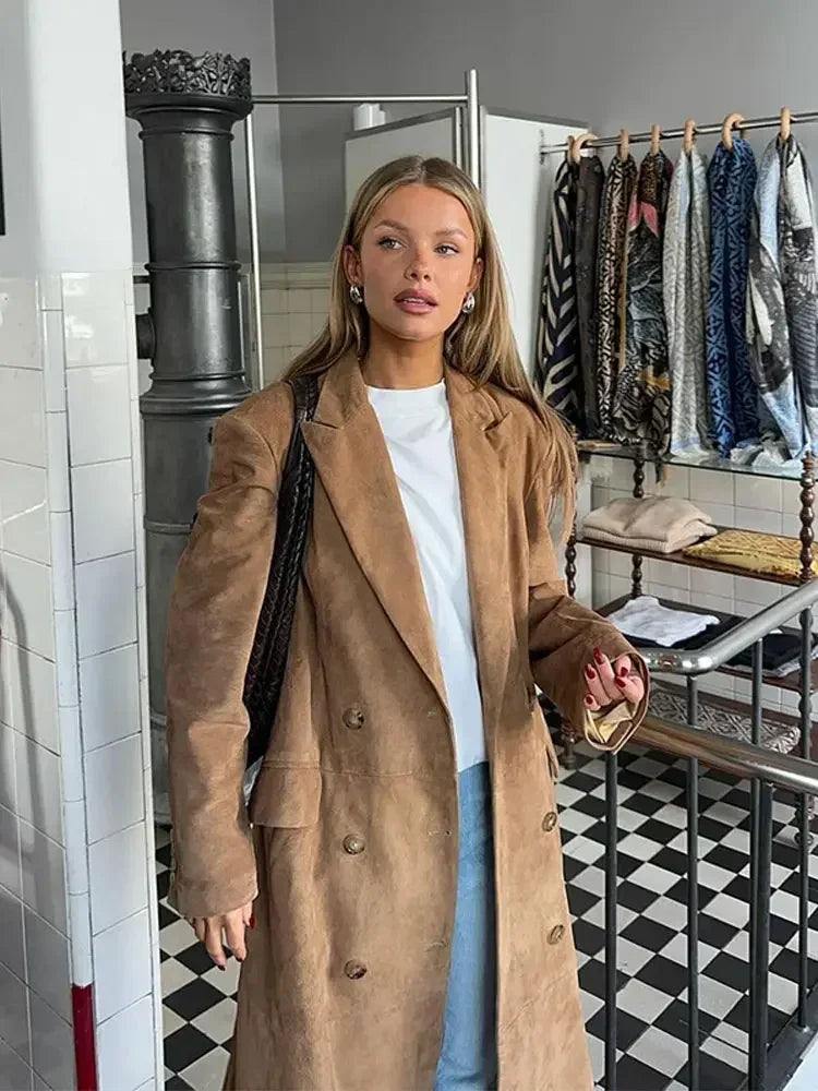 Dames Suède Look Lange Trenchcoat