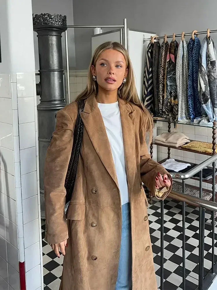 Dames Suède Look Lange Trenchcoat
