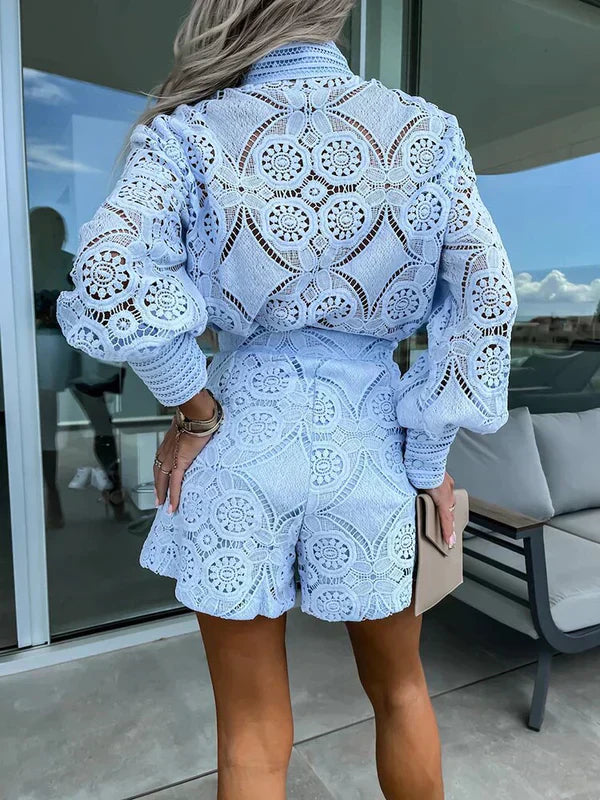 Maélie tweedelige dames zomerset met boho kant Luchtige, effen kleuren & ideaal voor festivals