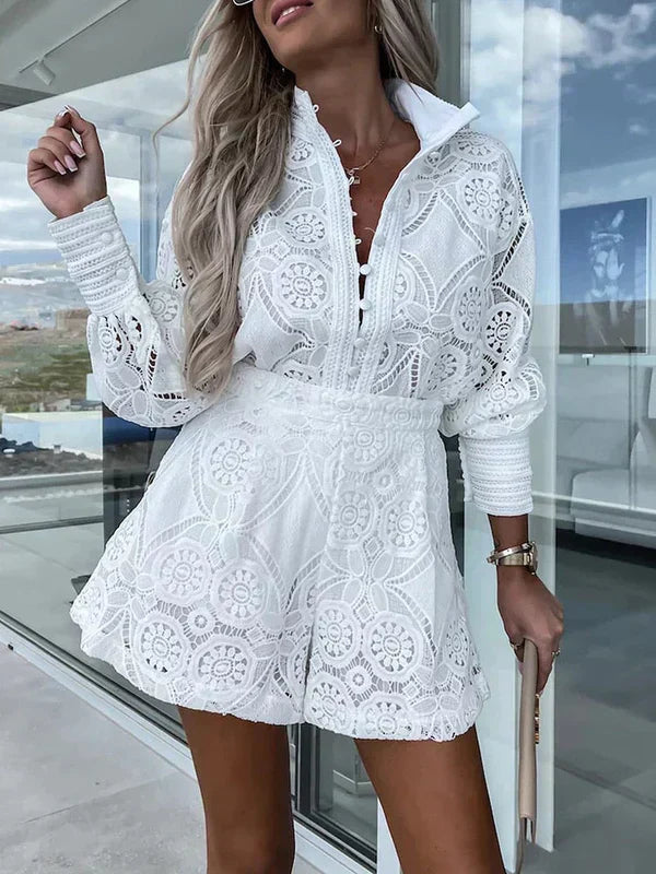 Maélie tweedelige dames zomerset met boho kant Luchtige, effen kleuren & ideaal voor festivals