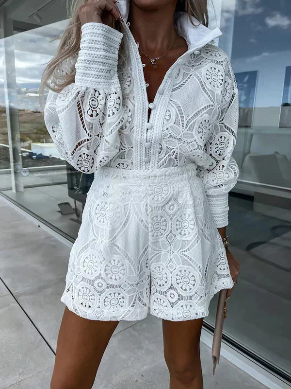 Maélie tweedelige dames zomerset met boho kant Luchtige, effen kleuren & ideaal voor festivals