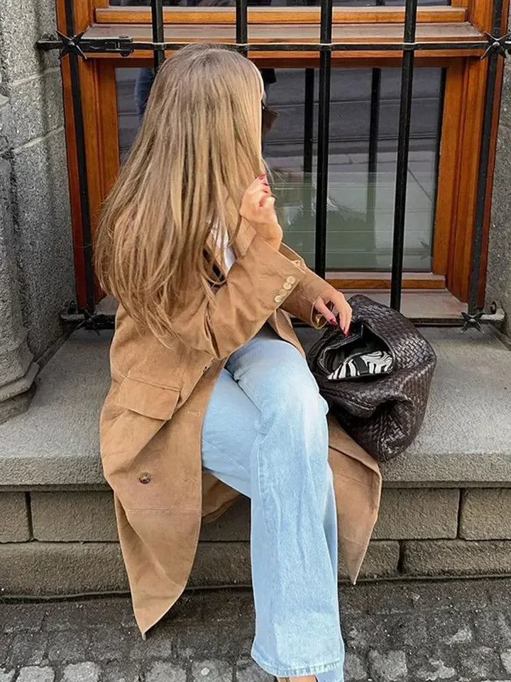 Dames Suède Look Lange Trenchcoat
