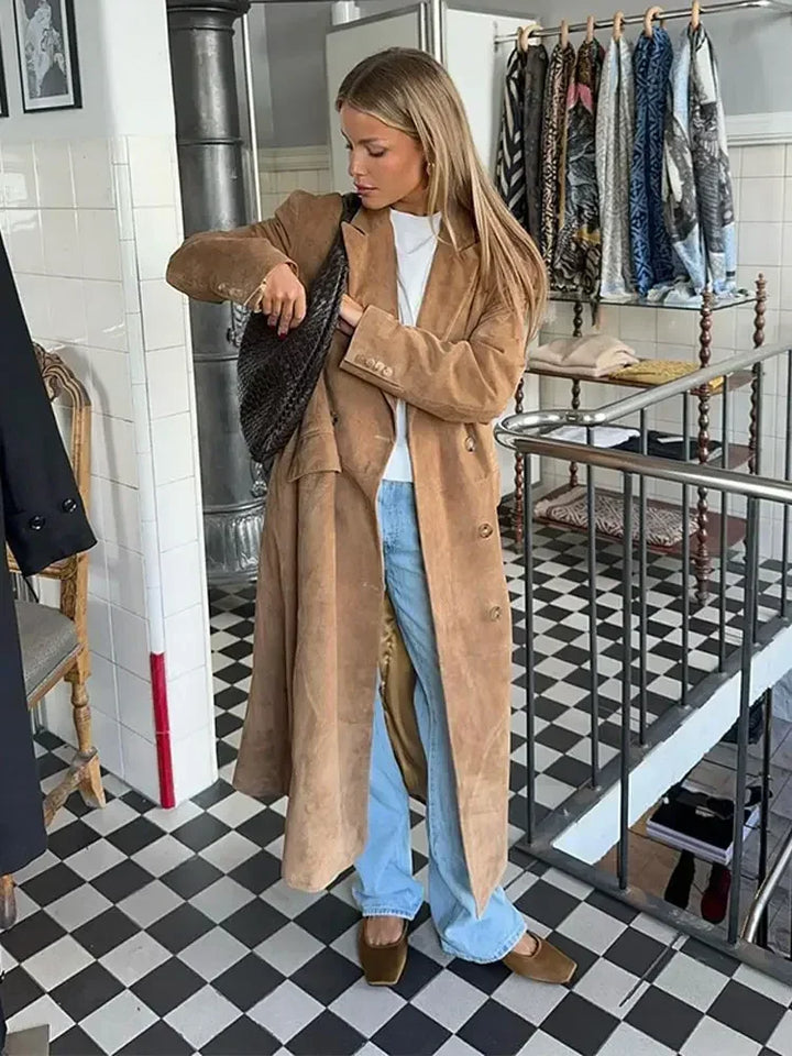 Dames Suède Look Lange Trenchcoat