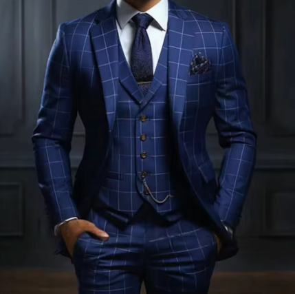 Marineblauw geruit luxe pak slim fit met inkeping