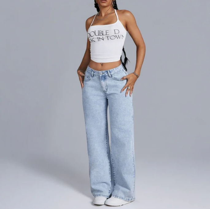 Jenni baggy jeans met roze strik