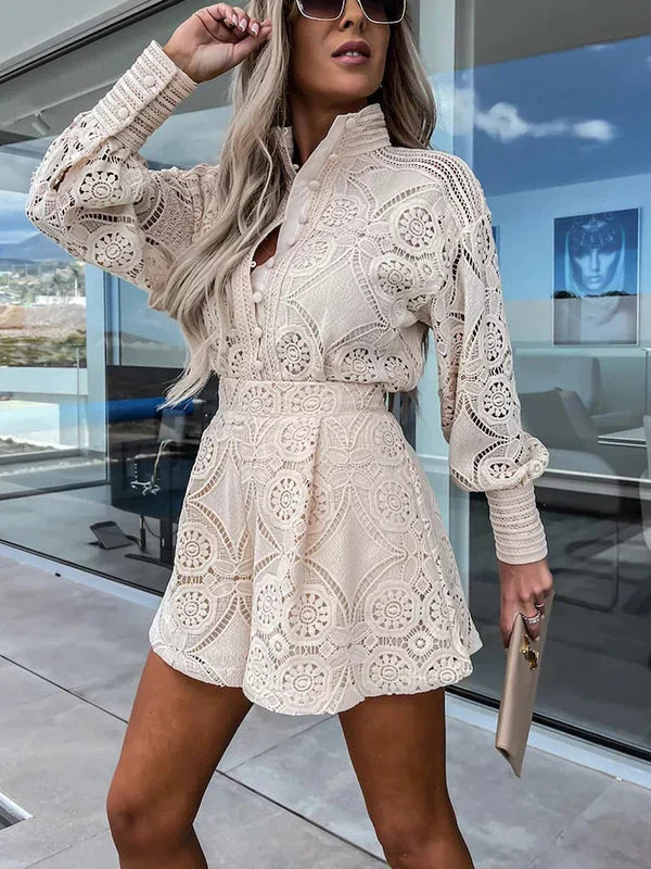 Maélie tweedelige dames zomerset met boho kant Luchtige, effen kleuren & ideaal voor festivals