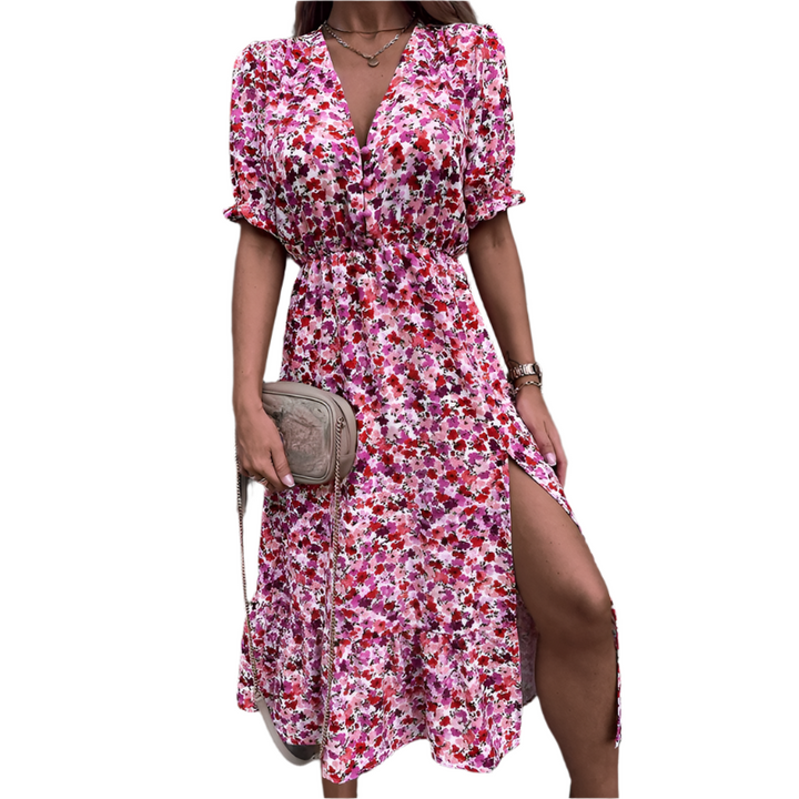 Belinda - Elegante midi-jurk met bloemen en V-hals