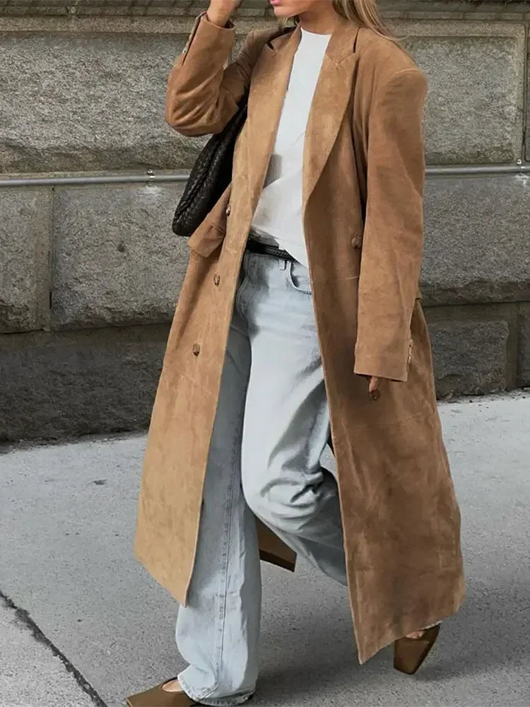 Dames Suède Look Lange Trenchcoat