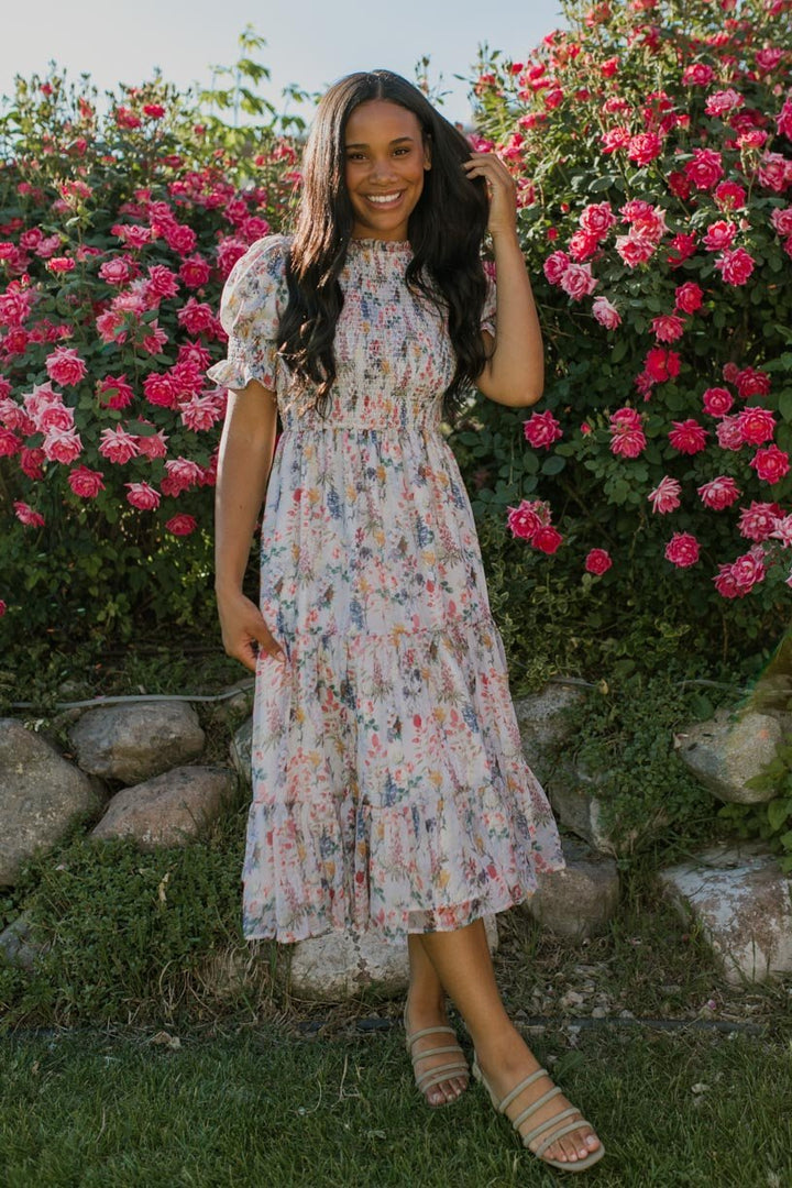 Cordelia dames midi-jurk met bloemenprint & smock bustier | Luchtig, vrouwelijk & geschikt voor zwangerschap