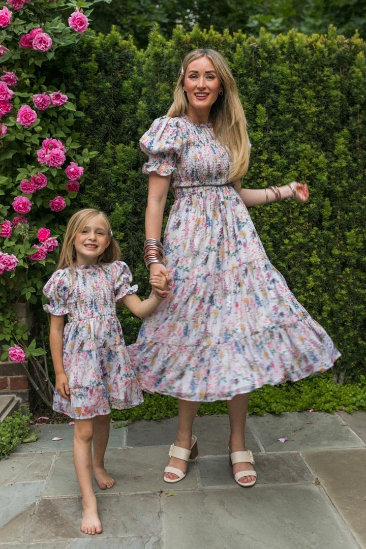 Cordelia dames midi-jurk met bloemenprint & smock bustier | Luchtig, vrouwelijk & geschikt voor zwangerschap