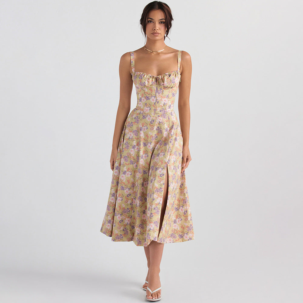 Elegante Midi-Jurk met Korset en Hoge Split voor Vrouwelijk Raffinement