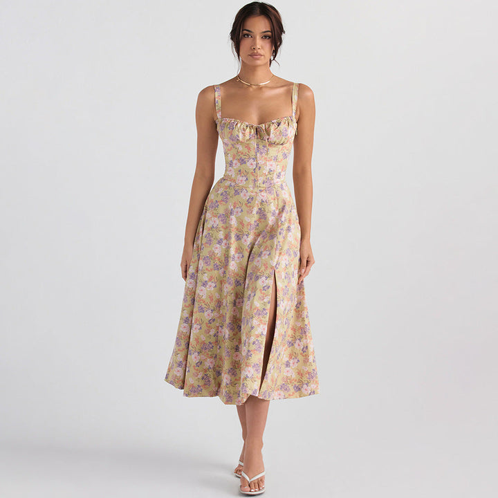 Elegante Midi-Jurk met Korset en Hoge Split voor Vrouwelijk Raffinement
