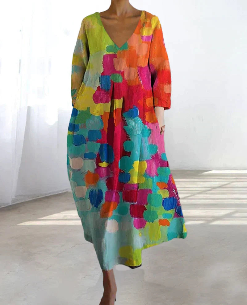 Solena Linnen Zomerjurk Dames | Kleurrijke Jurk met Print en Flatterende Pasvorm