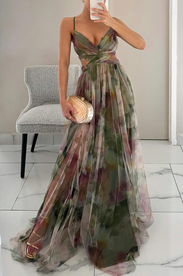 Celeste maxi jurk voor dames Luchtige chiffon jurk met bloemenprint & verstelbare bandjes