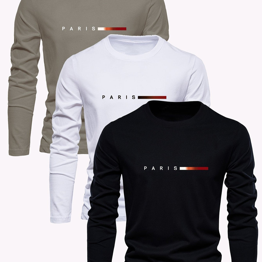 Heren-T-shirt met lange mouwen, 100% katoen, ademend, casual, ronde hals en Parijs-print, perfect voor het voor- en najaar.