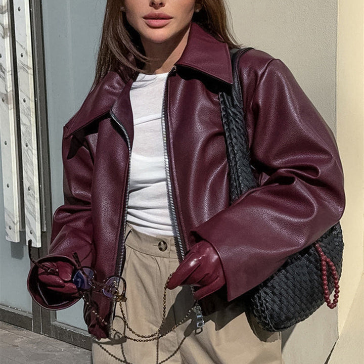 Chic Women's Zipper Lapel Leather Jacket
