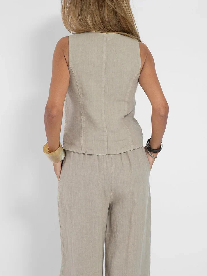 Aiden Elegante tweedelige linnen outfit | Getailleerd vest & wijde broek