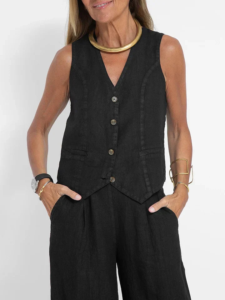 Aiden Elegante tweedelige linnen outfit | Getailleerd vest & wijde broek