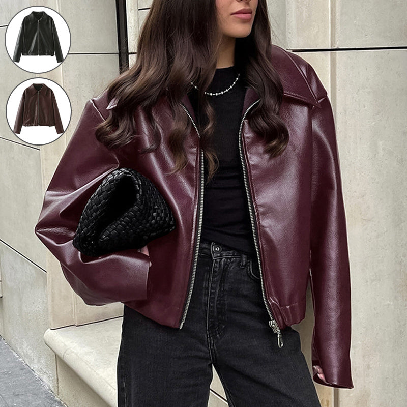 Chic Women's Zipper Lapel Leather Jacket