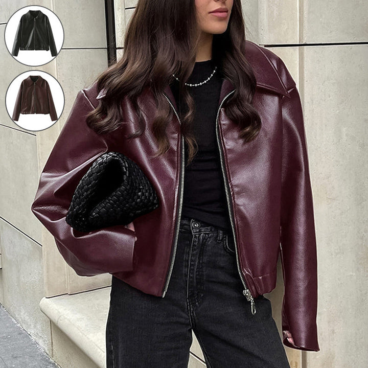 Chic Women's Zipper Lapel Leather Jacket