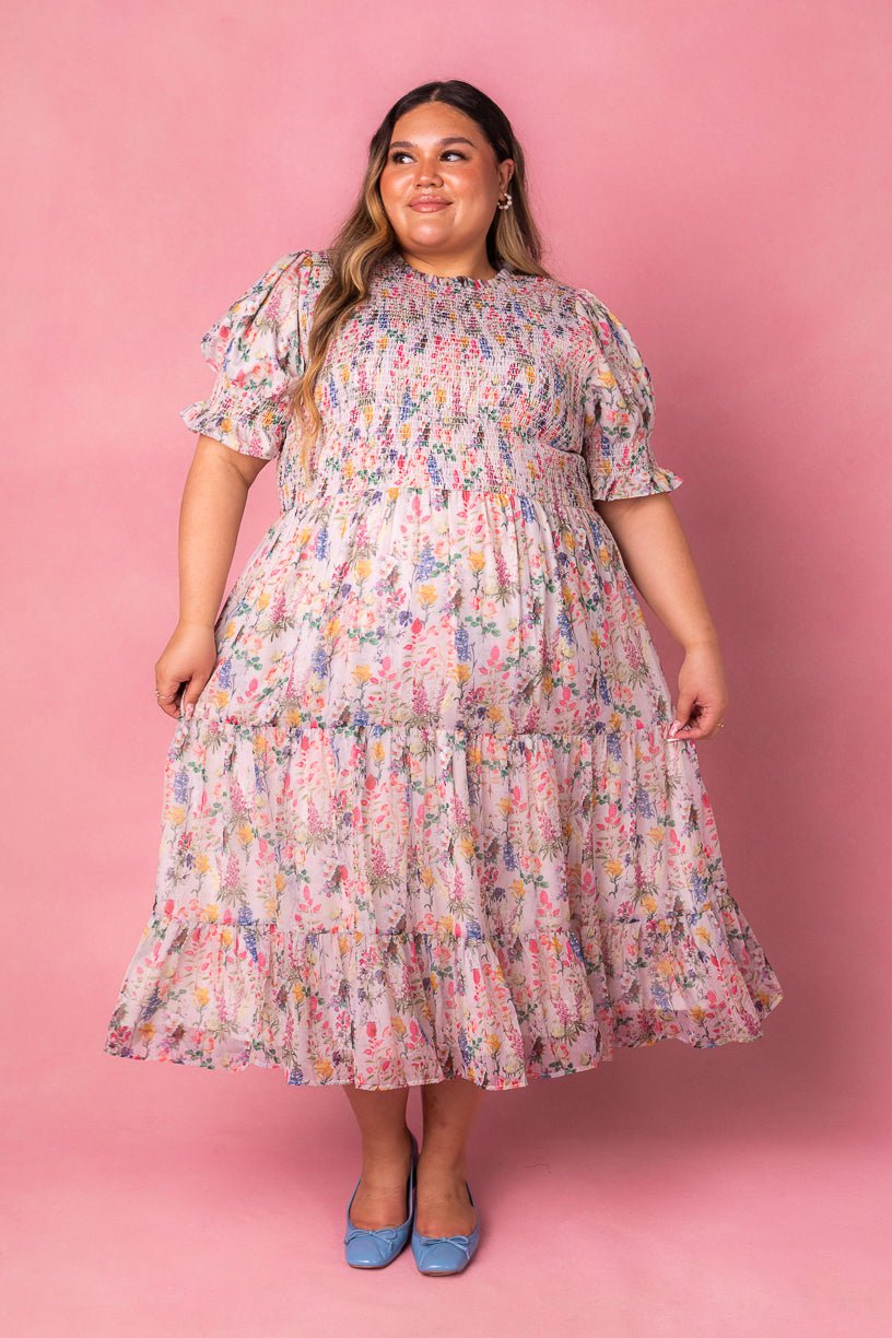 Cordelia dames midi-jurk met bloemenprint & smock bustier | Luchtig, vrouwelijk & geschikt voor zwangerschap