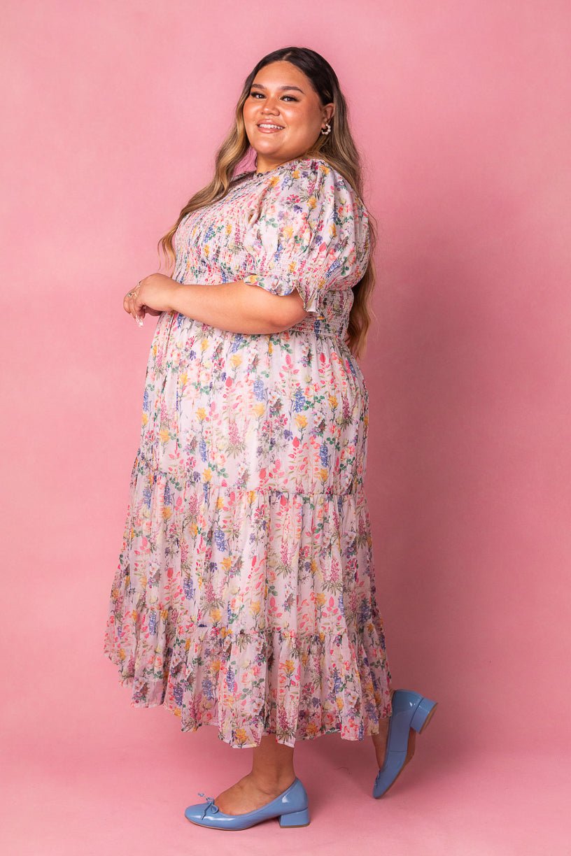 Cordelia dames midi-jurk met bloemenprint & smock bustier | Luchtig, vrouwelijk & geschikt voor zwangerschap