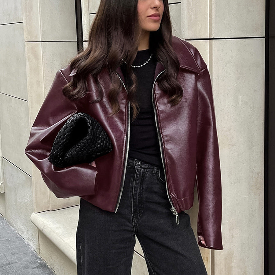 Chic Women's Zipper Lapel Leather Jacket