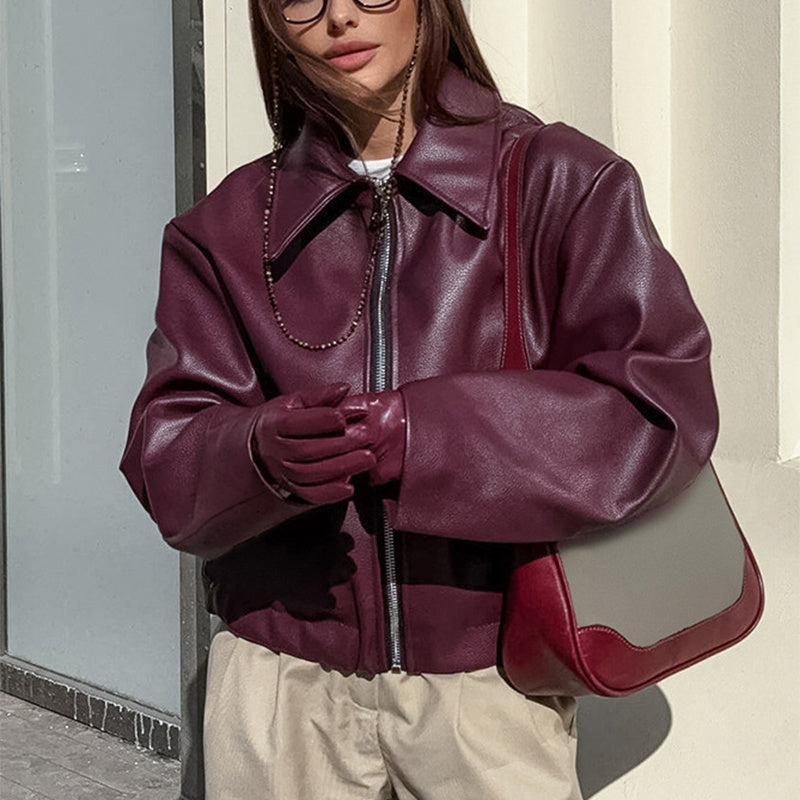 Chic Women's Zipper Lapel Leather Jacket