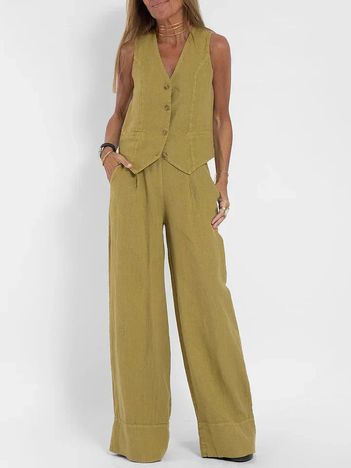 Aiden Elegante tweedelige linnen outfit | Getailleerd vest & wijde broek