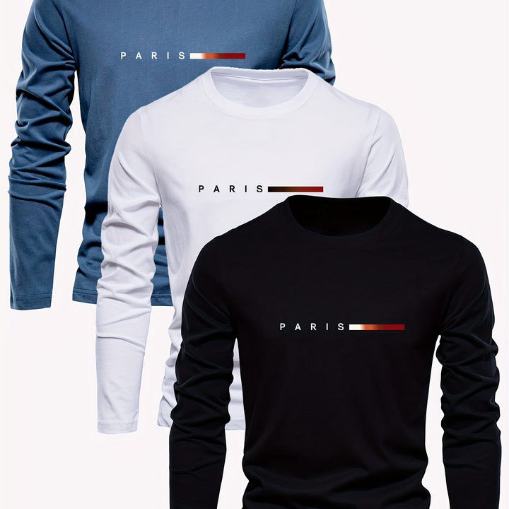 Heren-T-shirt met lange mouwen, 100% katoen, ademend, casual, ronde hals en Parijs-print, perfect voor het voor- en najaar.