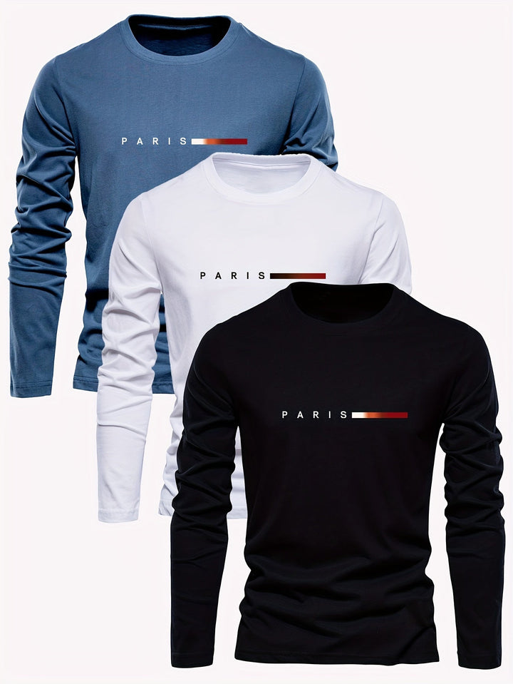 Heren-T-shirt met lange mouwen, 100% katoen, ademend, casual, ronde hals en Parijs-print, perfect voor het voor- en najaar.