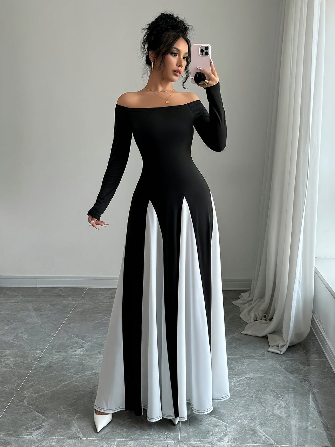 Melodia damesjurk met open schouders | lange mouwen & adembenemende elegantie