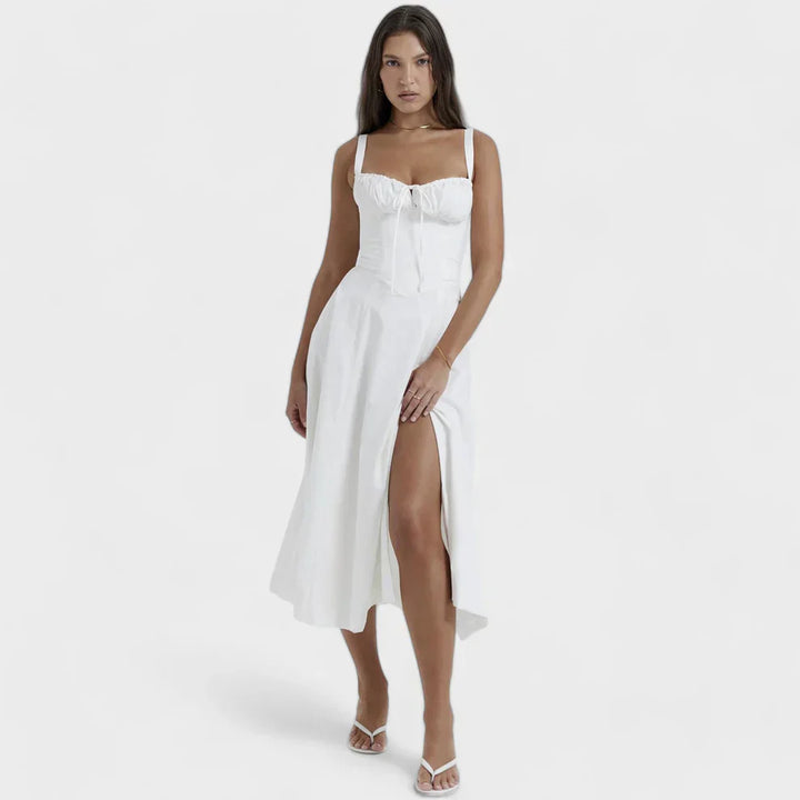 Elegante Midi-Jurk met Korset en Hoge Split voor Vrouwelijk Raffinement
