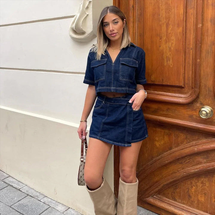 Giulia jeans set voor dames met V-hals & rok | Vrouwelijke denim look 2025