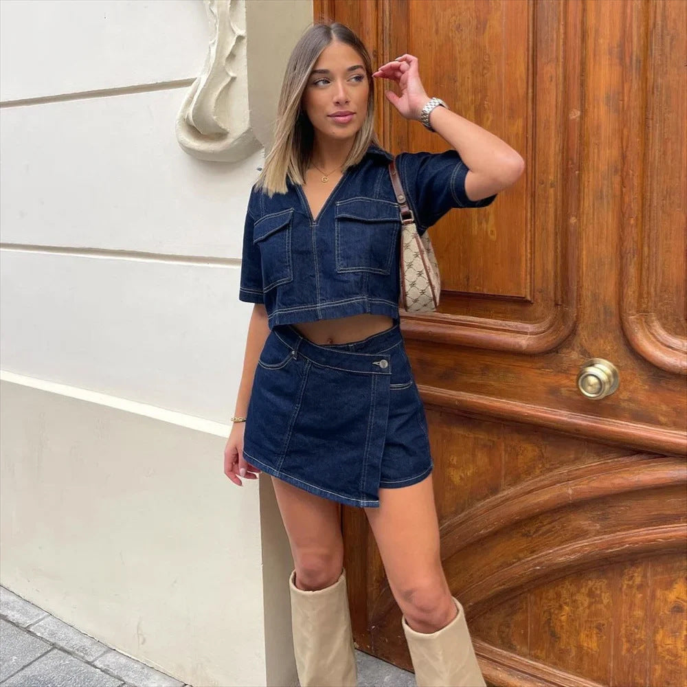 Giulia jeans set voor dames met V-hals & rok | Vrouwelijke denim look 2025
