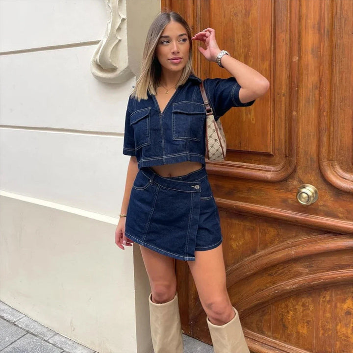 Giulia jeans set voor dames met V-hals & rok | Vrouwelijke denim look 2025