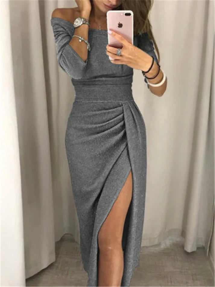 Nola Glitterjurk voor Feest en Gala | Off-Shoulder Design met Split en Flatterende Drapering