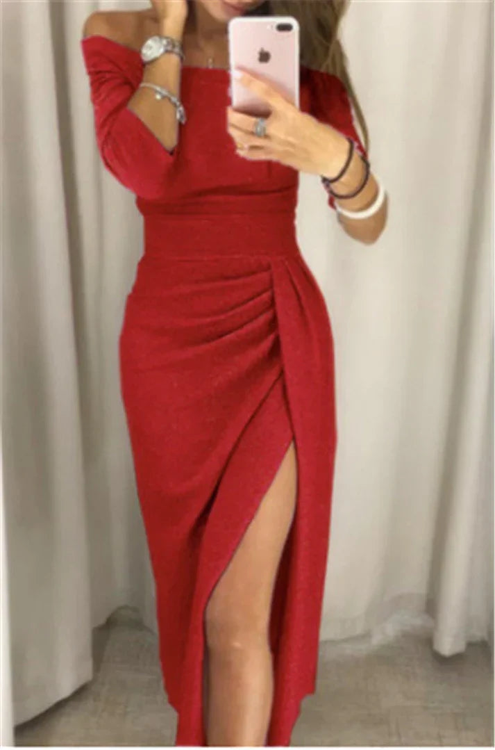 Nola Glitterjurk voor Feest en Gala | Off-Shoulder Design met Split en Flatterende Drapering