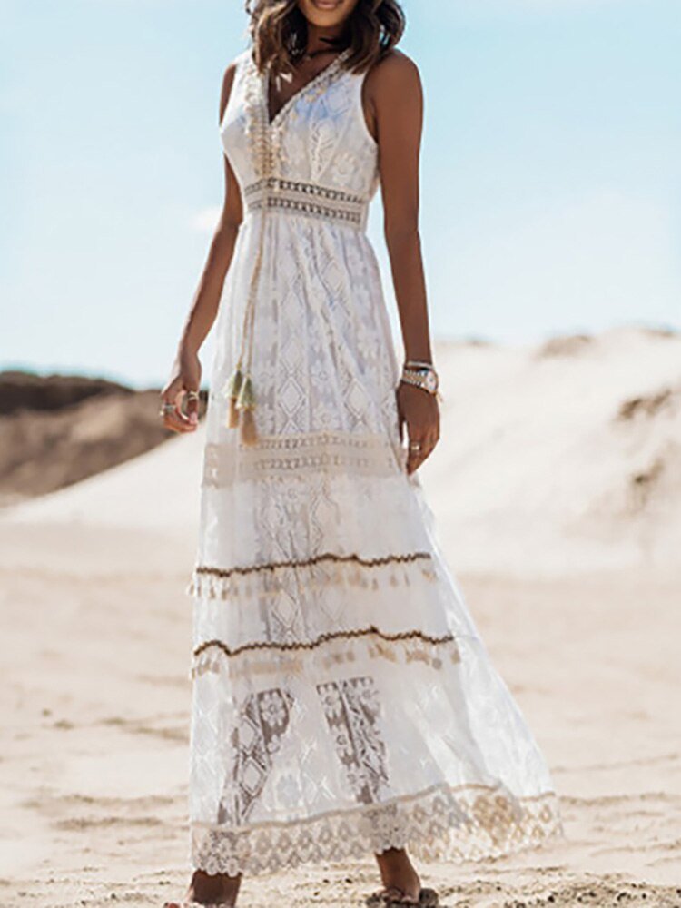 Avelyn | Vrouwelijke boho maxi jurk met kant & borduursel