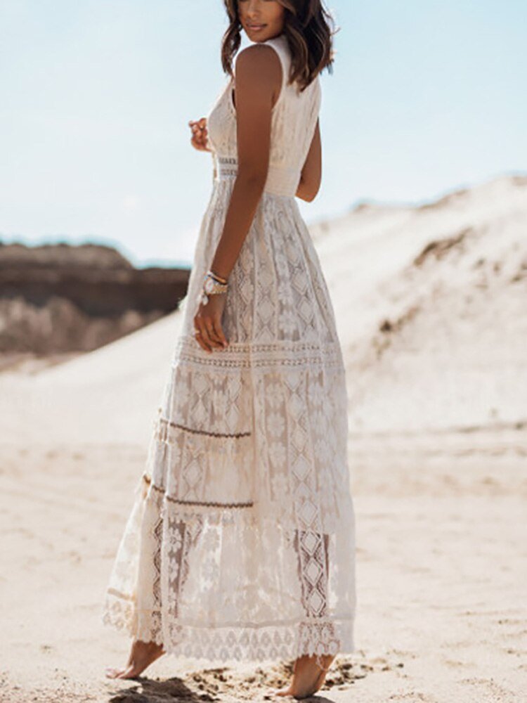 Avelyn | Vrouwelijke boho maxi jurk met kant & borduursel